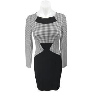 Venus Black White Houndstooth Long Sleeve Knee Length Pencil Sheath Dress Size 4